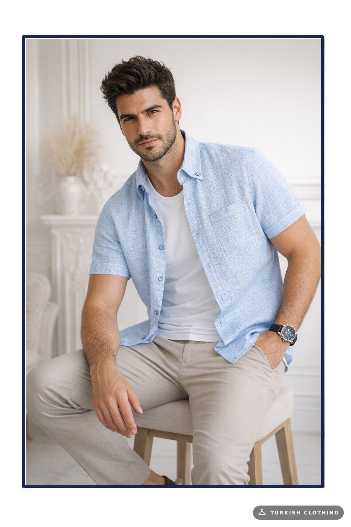 Varetta Men's Blue Short Sleeve Shirt Linen Effect Wide Cut with Pockets – wholesale Shirts by Varetta, Turkish clothing
