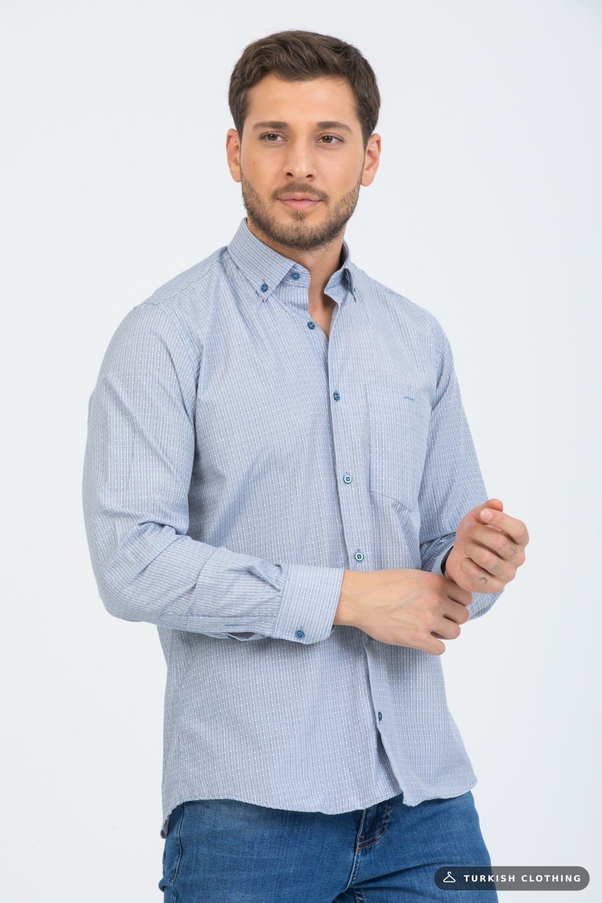 Varetta Men's Blue Striped Sleeve Classic Cut Collar Buttoned Shirt — Checked Button-Down – wholesale Shirts by Varetta,