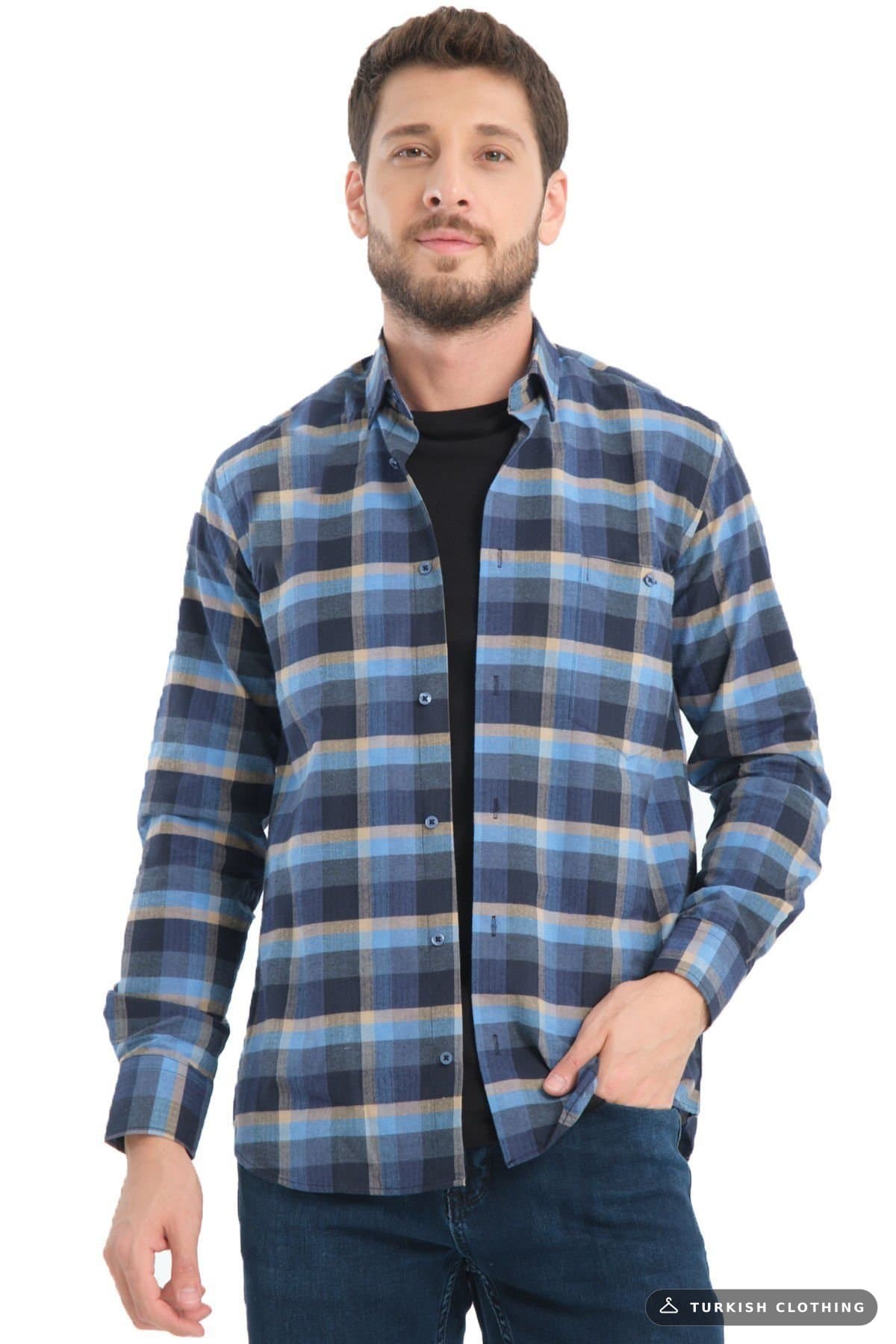 Varetta Men's Blue Winter Checkered Woolen Pocket Wide Cut Shirt – wholesale Shirts by Varetta, Turkish clothing manufacturer