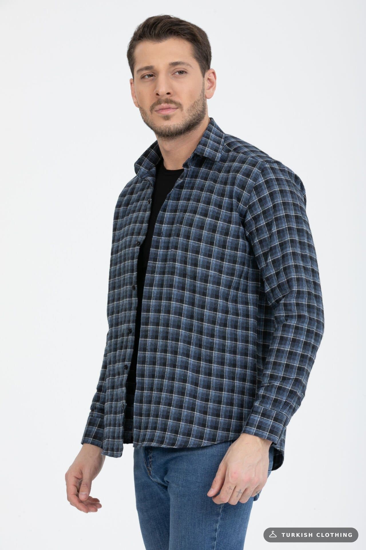 Varetta Men's Blue Winter Shirt Checkered Collar Buttoned Black – wholesale Shirts by Varetta, Turkish clothing manufacturer