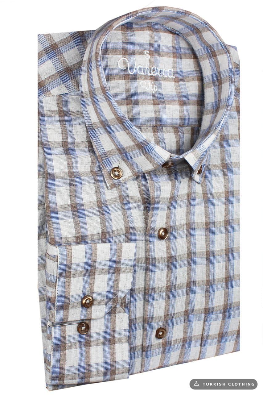 Varetta Men's Brown 100% Cotton Buttoned Collar Pocket Checked Shirt – wholesale Shirts by Varetta, Turkish clothing