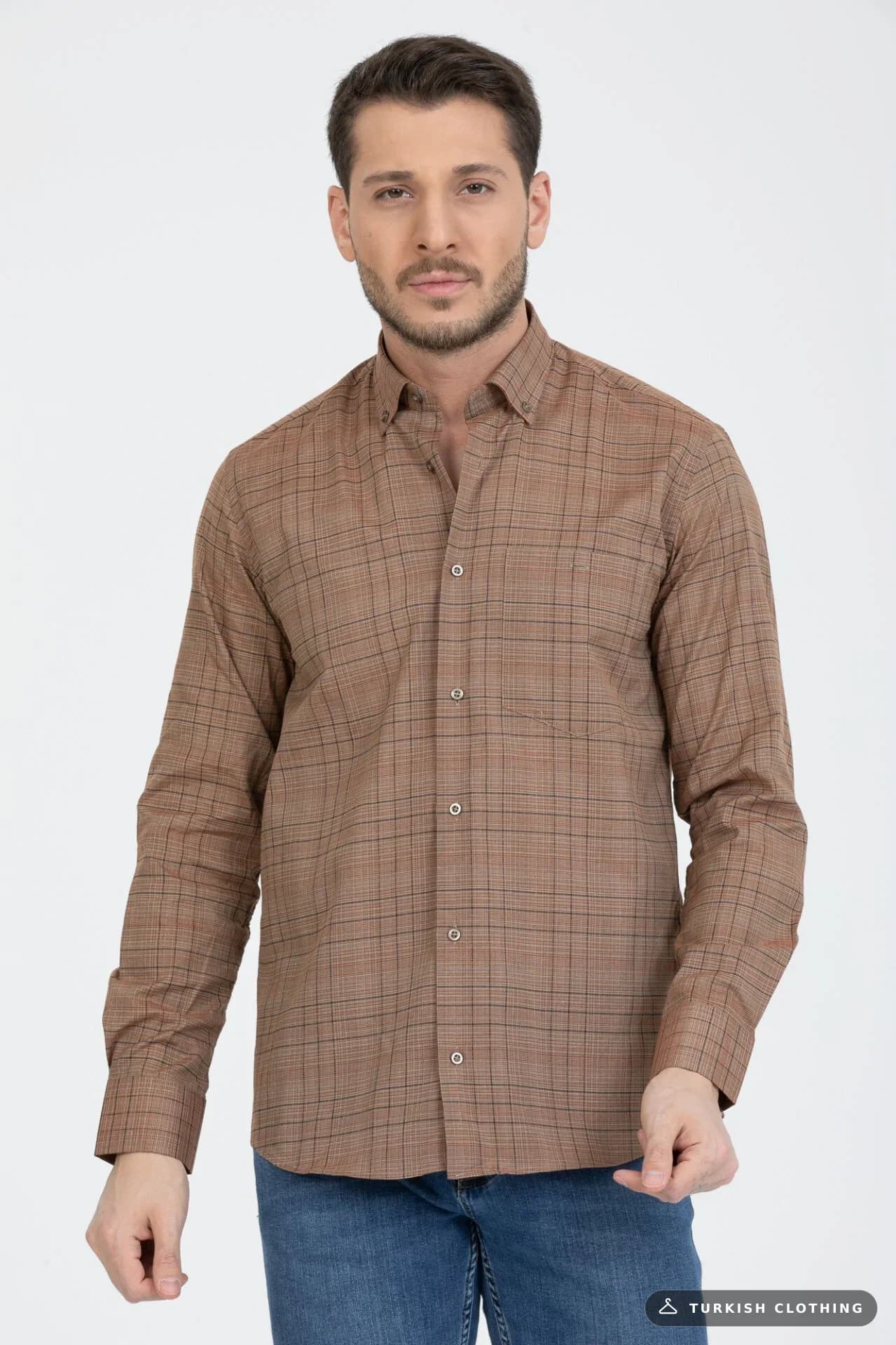 Varetta Men's Brown Checked Collar Buttoned Shirt