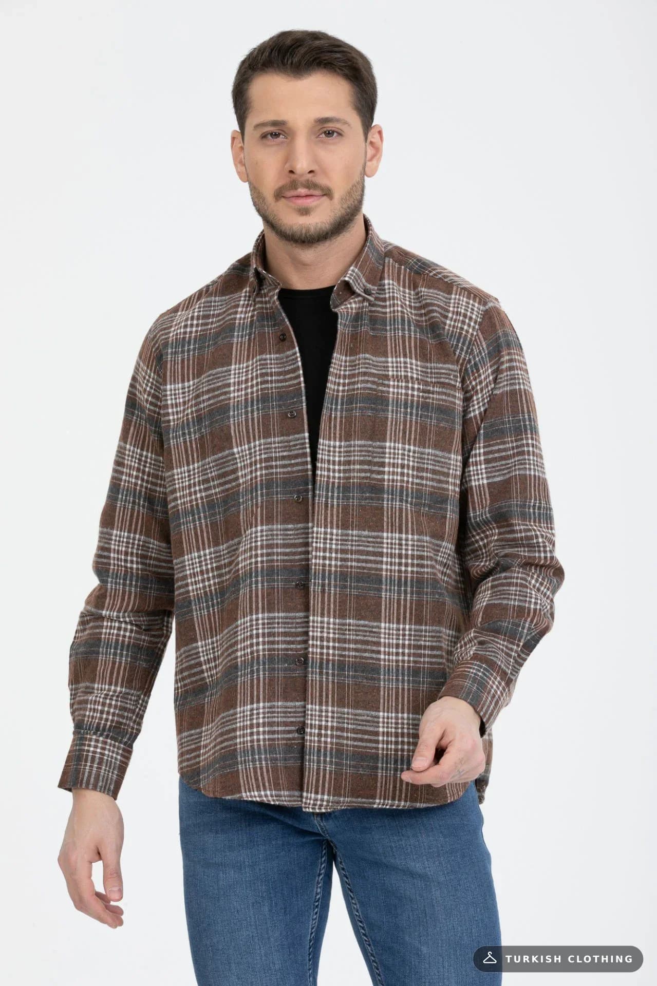 Varetta Men's Brown Checked Collar Buttoned Winter Shirt