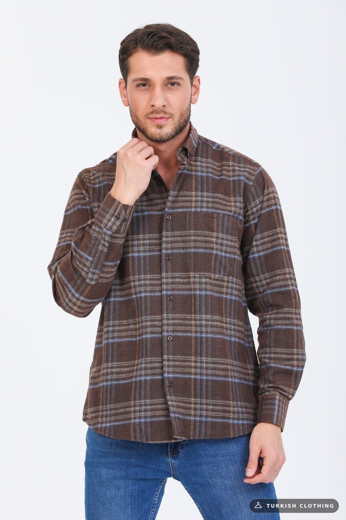 Varetta Men's Brown Checkered Classic Cut Collar Buttoned Winter Shirt — Button-Down – wholesale Shirts by Varetta, Turkish