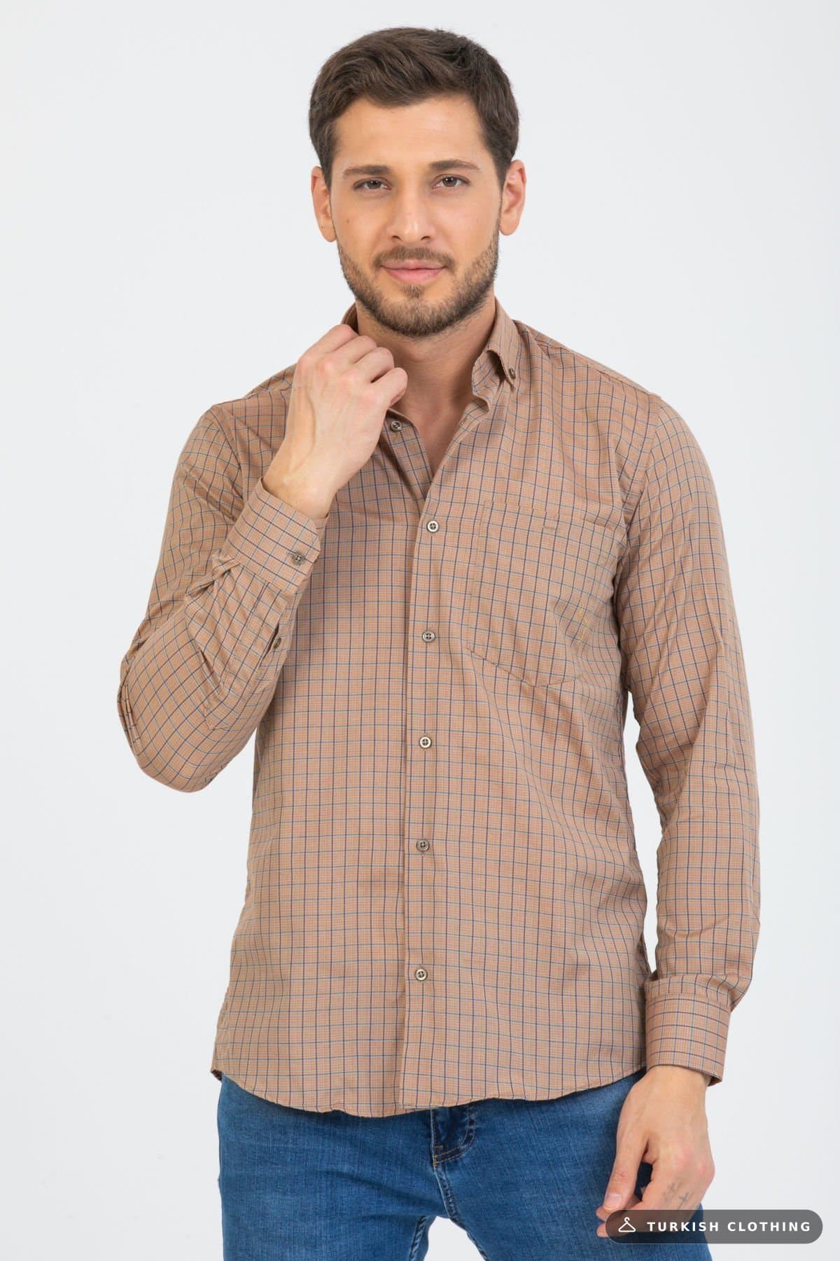 Varetta Men's Brown Checkered Long Sleeve Classic Cut Collar Buttoned Shirt – wholesale Shirts by Varetta, Turkish clothing