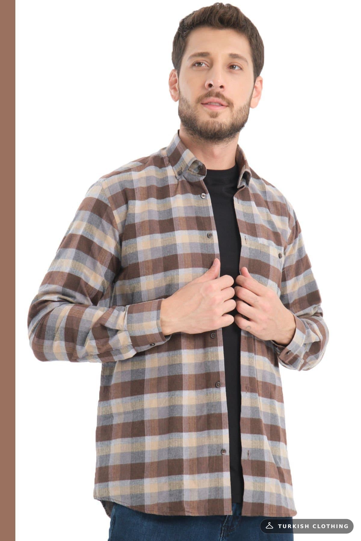 Varetta Men's Brown Checkered Woolen Pocket Wide Cut Shirt – wholesale Shirts by Varetta, Turkish clothing manufacturer