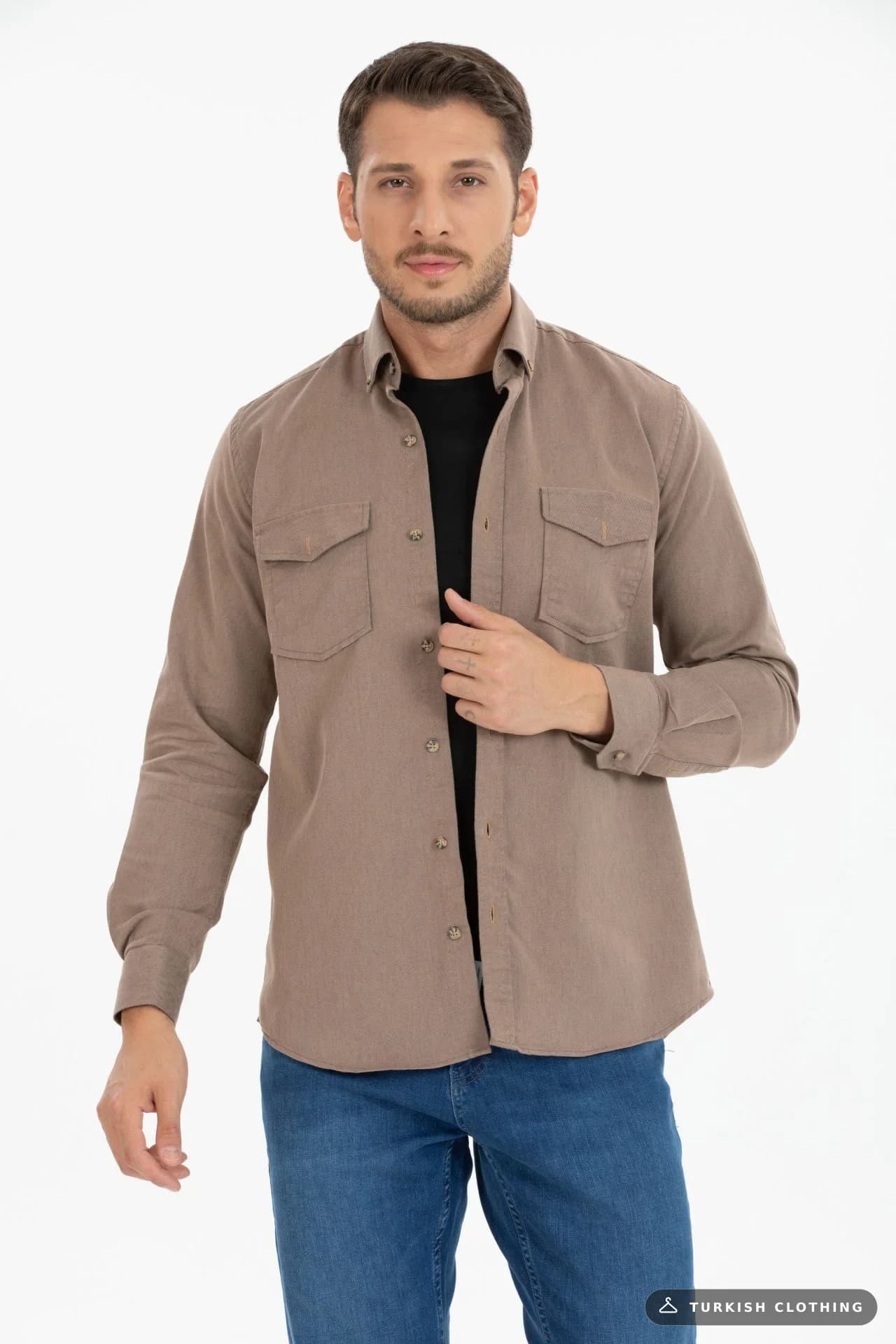 Varetta Men's Brown Classic Cut Lycra Denim Shirt - Double Pocket Long Sleeve Casual Light