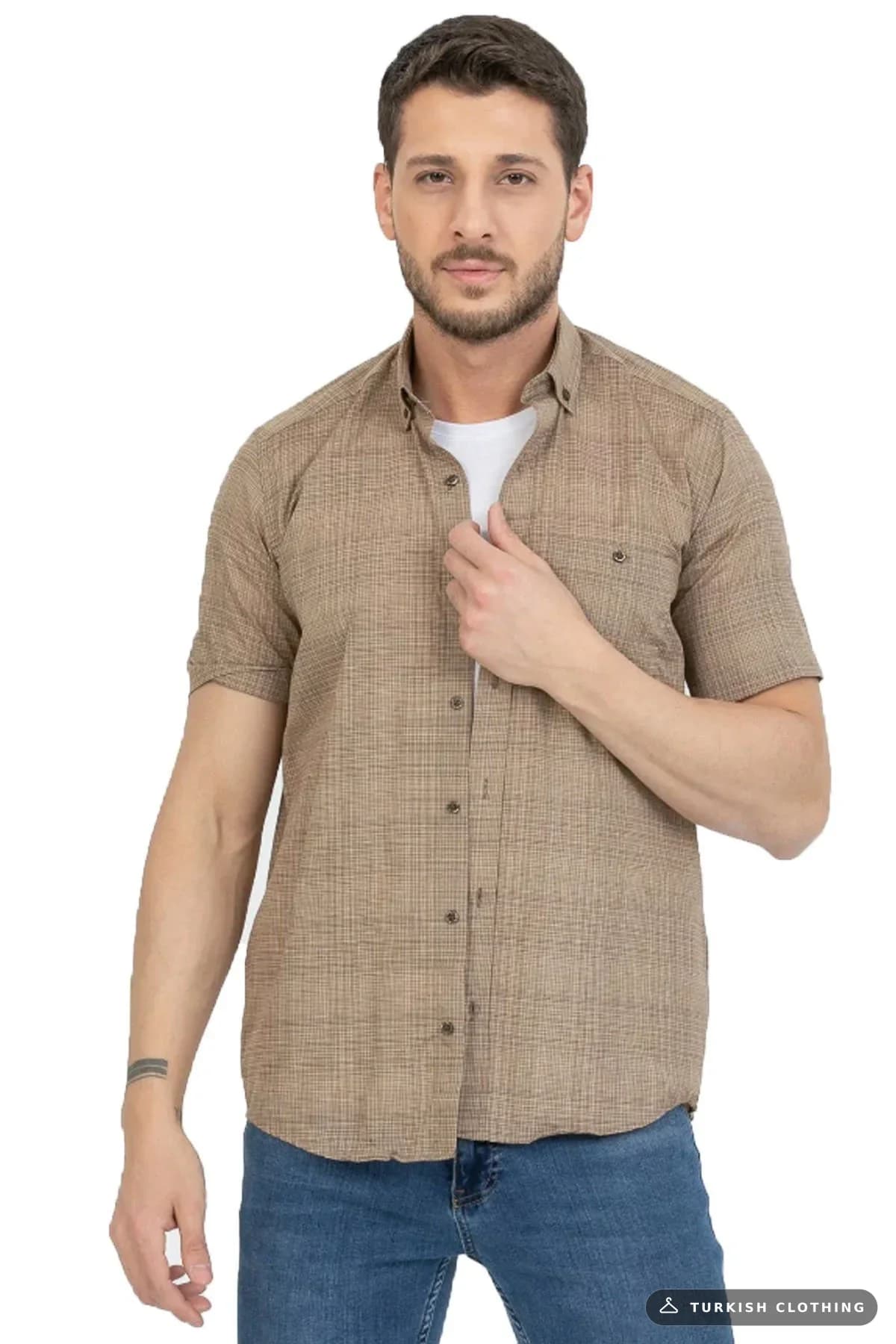 Varetta Men's Brown Cotton Pocket Summer Short Sleeve Shirt