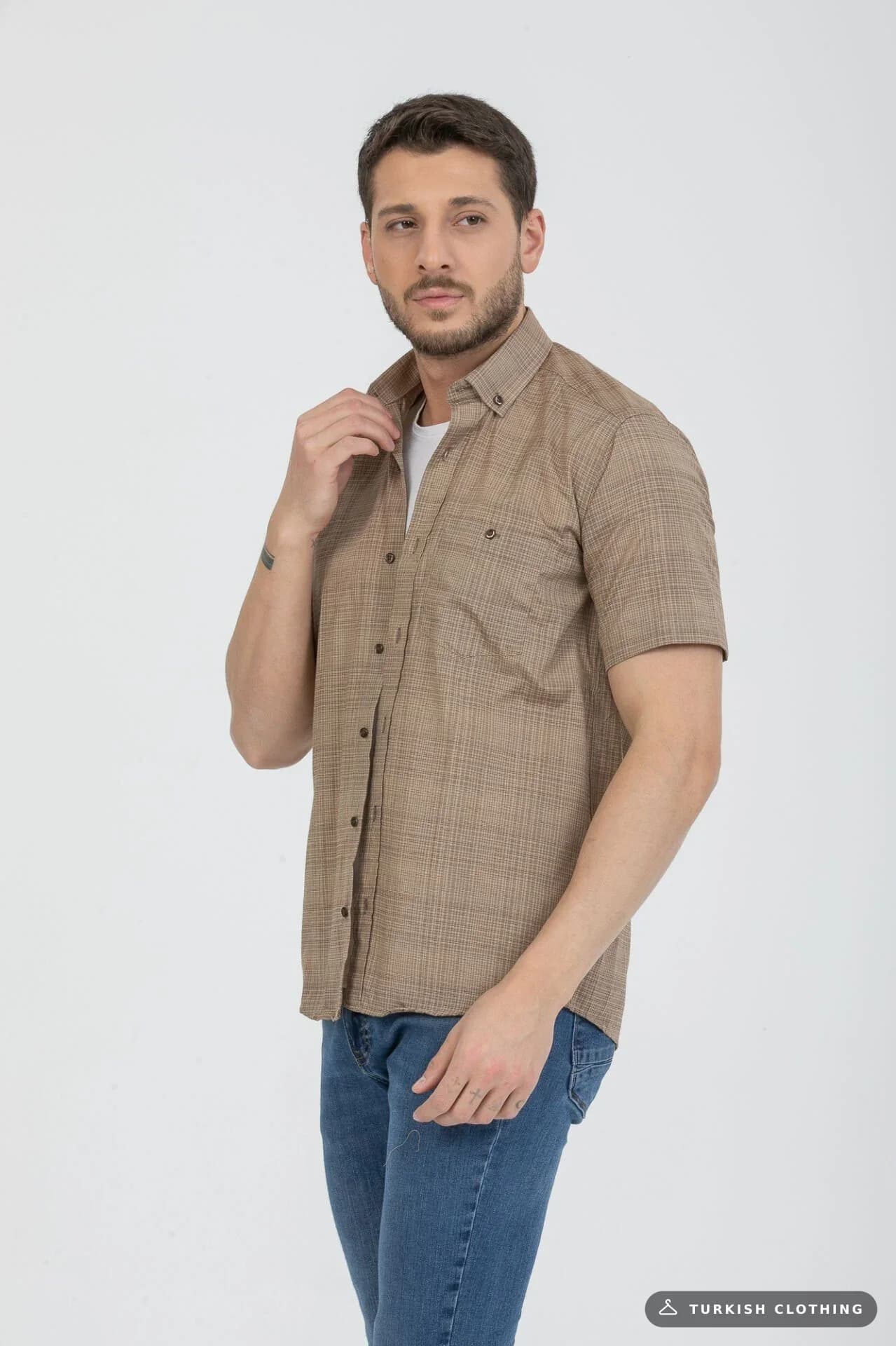 Varetta Men's Brown Cotton Summer Short Sleeve Shirt with Pockets