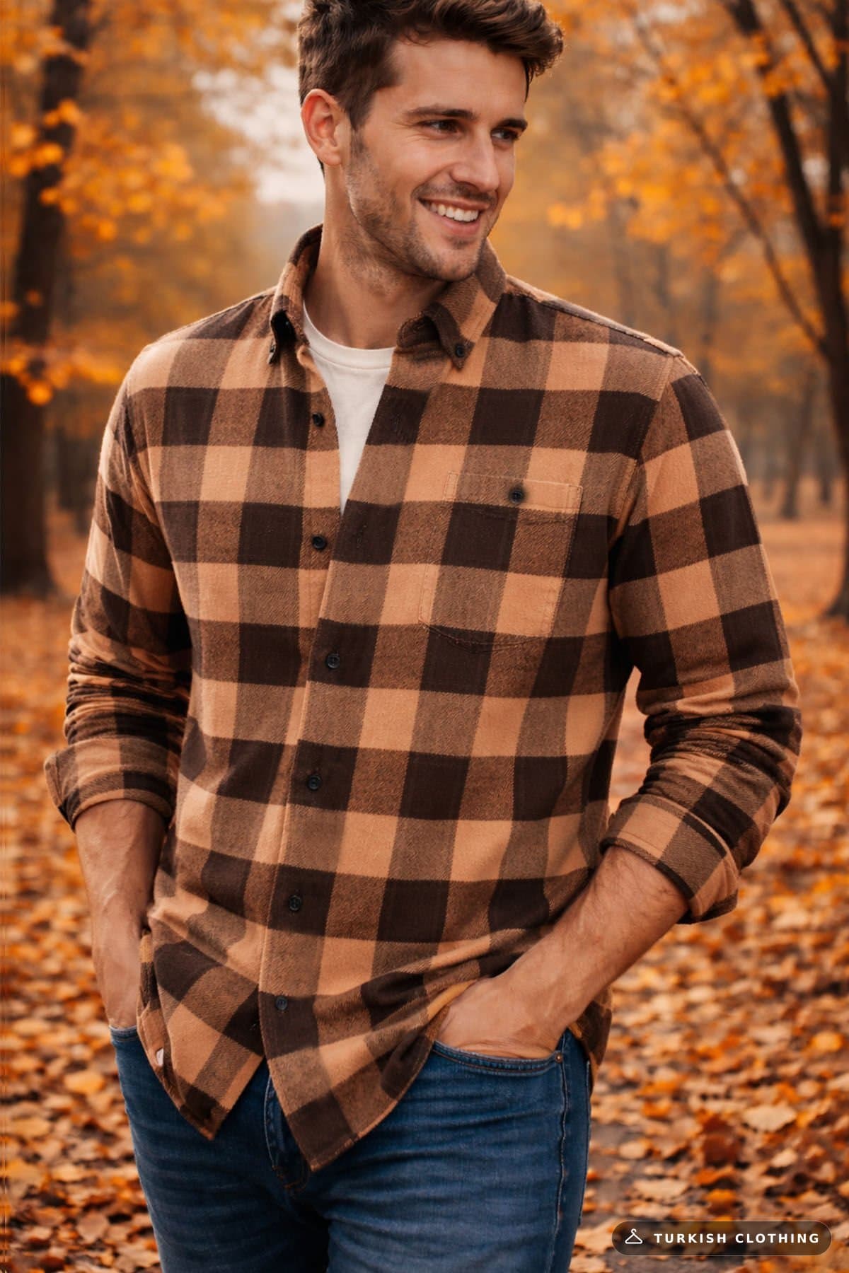 Varetta Men's Brown Plaid Winter Shirt with Classic Cut Collar Buttons – wholesale Shirts by Varetta, Turkish clothing