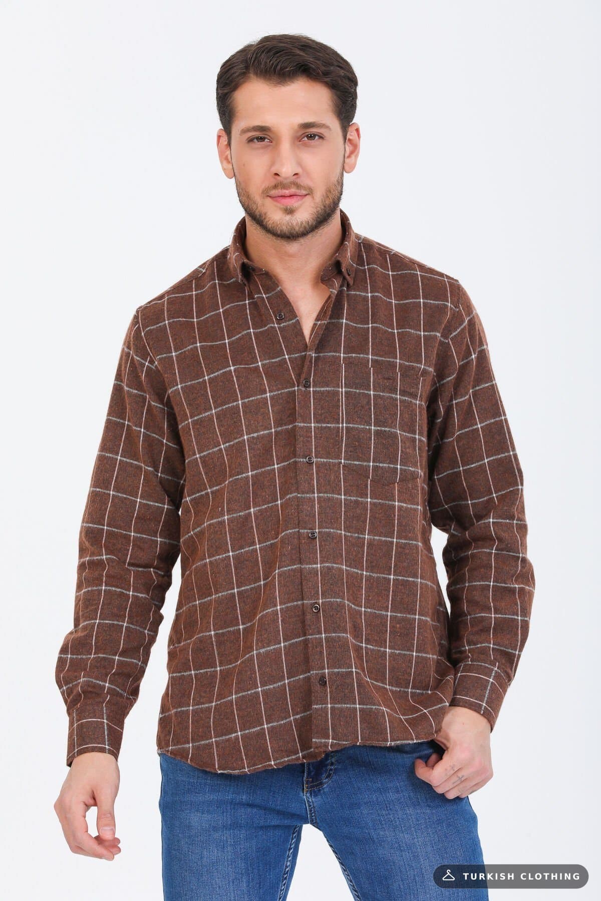 Varetta Men's Brown Winter Shirt Checkered Classic Cut Collar Buttoned – wholesale Shirts by Varetta, Turkish clothing
