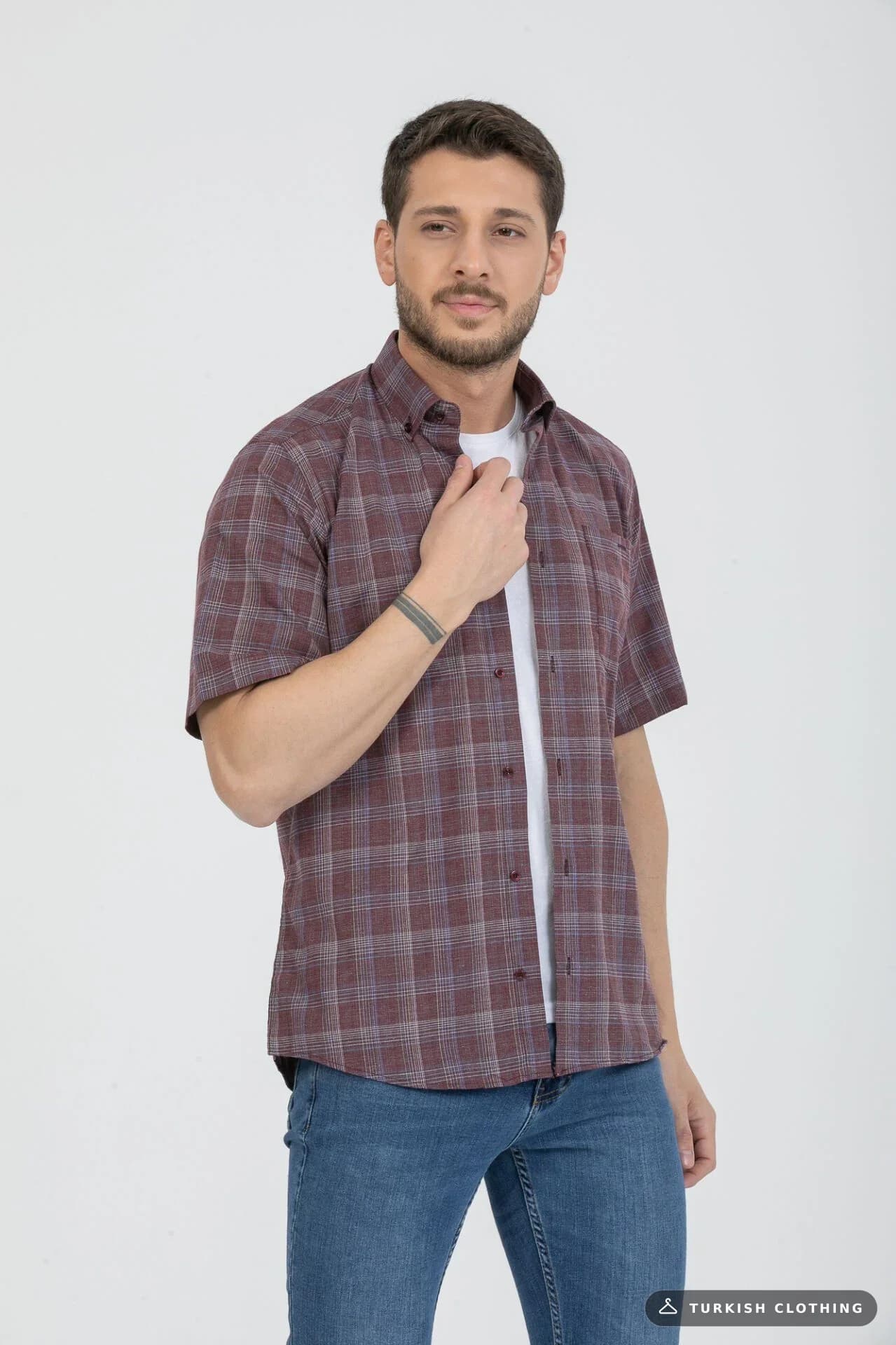 Varetta Men's Burgundy Checkered Summer Short Sleeve Shirt with Pockets