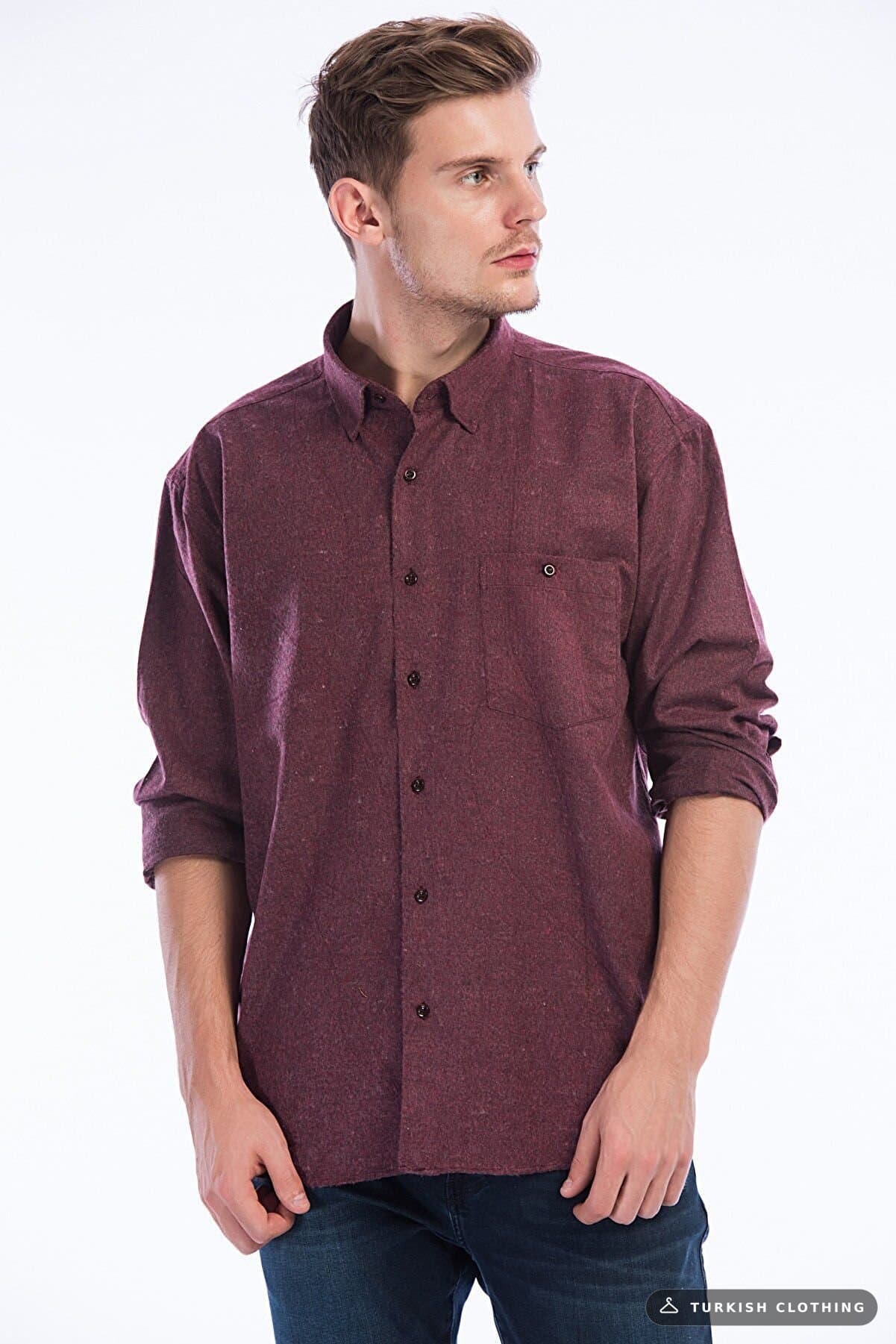 Varetta Men's Burgundy Long Sleeve Single Pocket Solid Color Winter Shirt – wholesale Shirts by Varetta, Turkish clothing