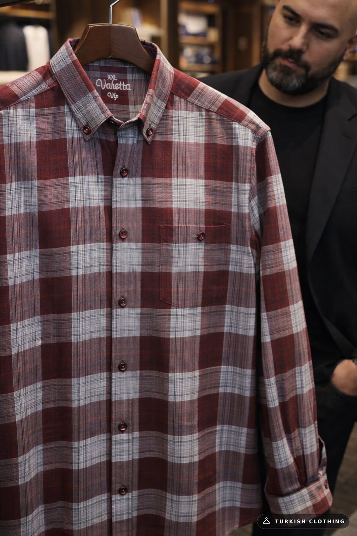 Varetta Men's Burgundy Plus Size Shirt Long Sleeve Checked Single Pocket – wholesale Shirts by Varetta, Turkish clothing
