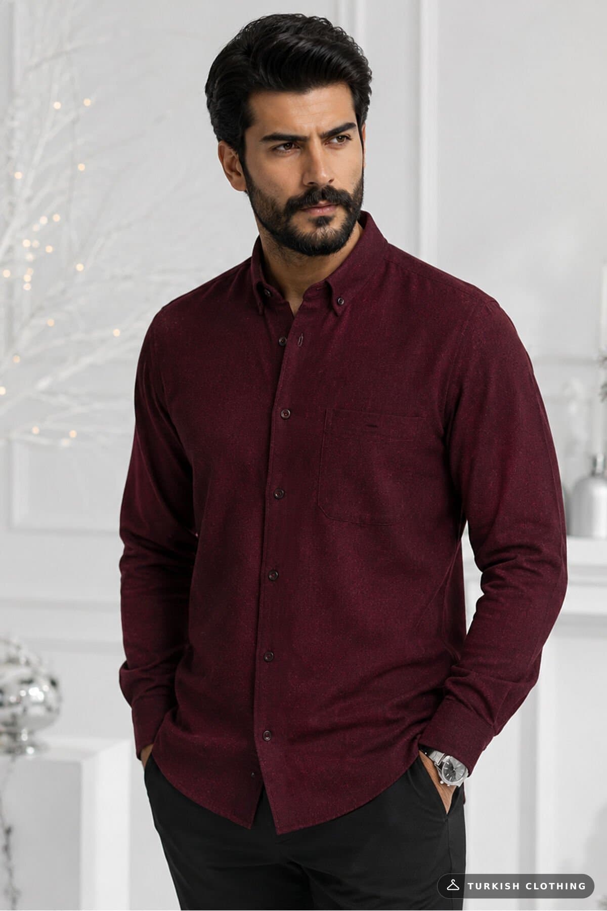 Varetta Men's Burgundy Winter Shirt Wide Cut Pocket Collar Buttoned – wholesale Shirts by Varetta, Turkish clothing