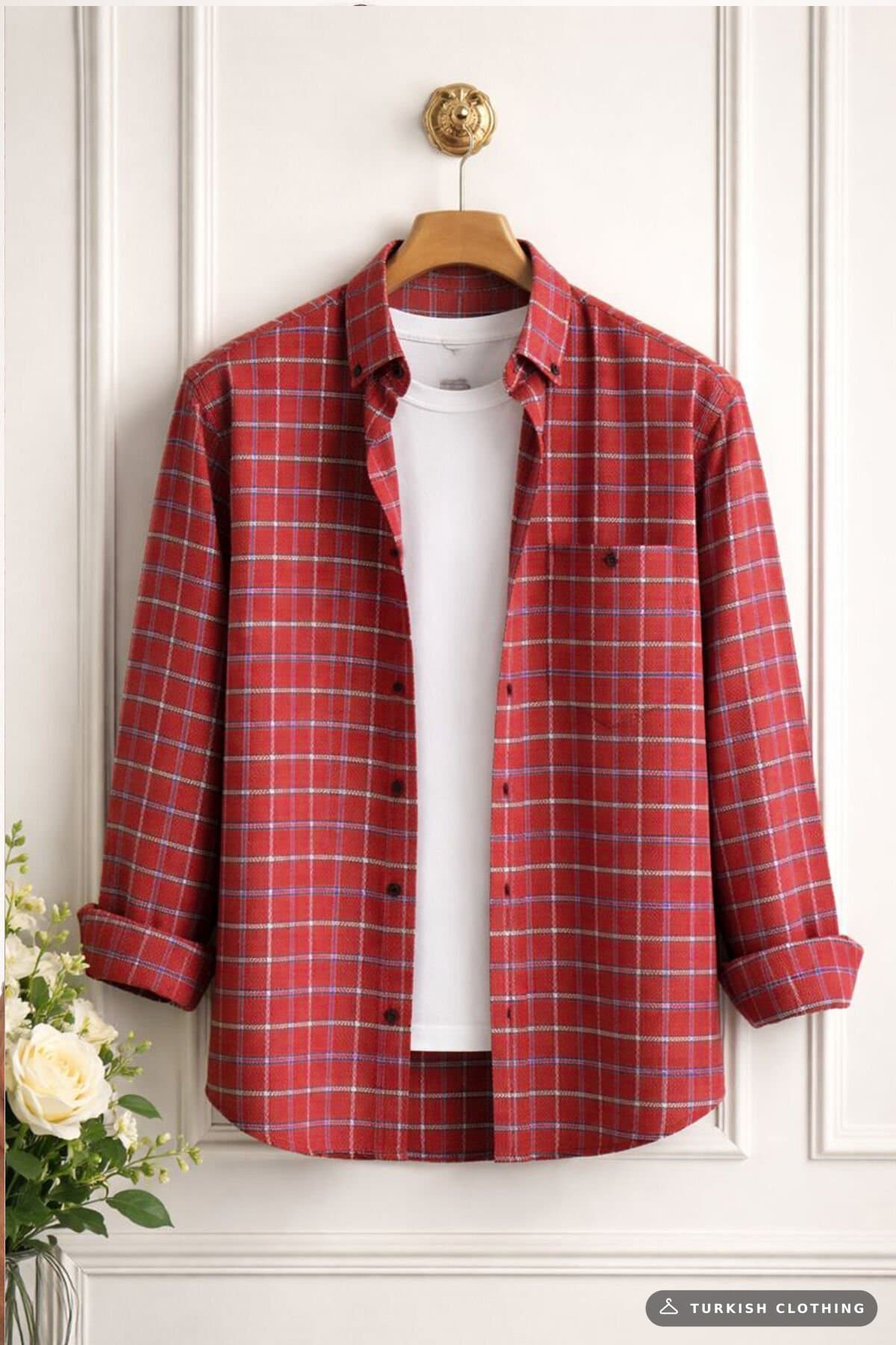 Varetta Men's Cardinal Red Checkered Woolen Pocket Wide Cut Shirt – wholesale Shirts by Varetta, Turkish clothing