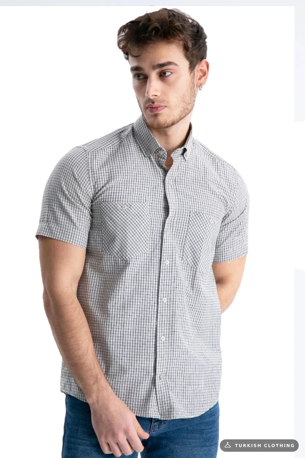 Varetta Men's Checkered Double Pocket Summer Short Sleeve Shirt White Beige