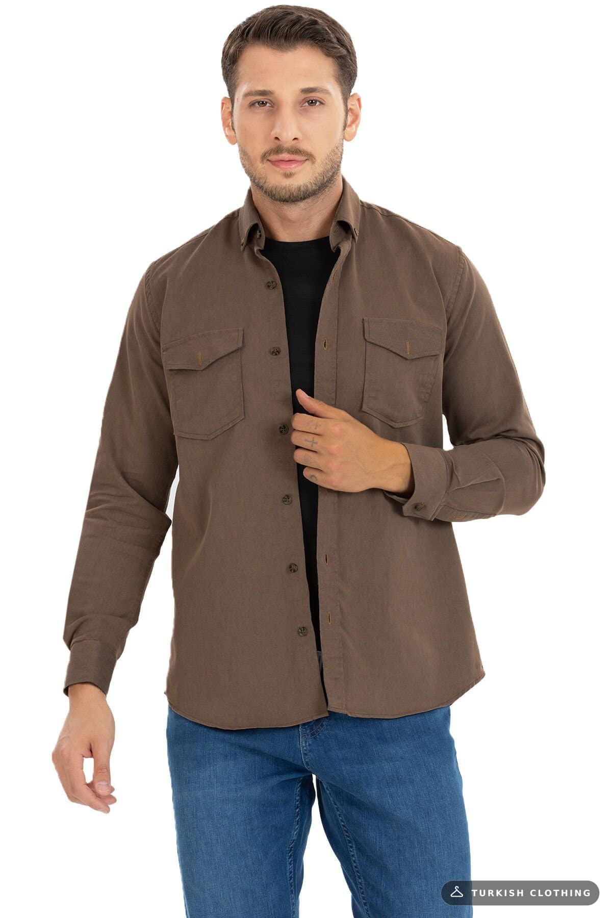 Varetta Men's Chocolate Brown Lycra Denim Shirt – Double Pocket Comfortable Fit – wholesale Shirts by Varetta, Turkish
