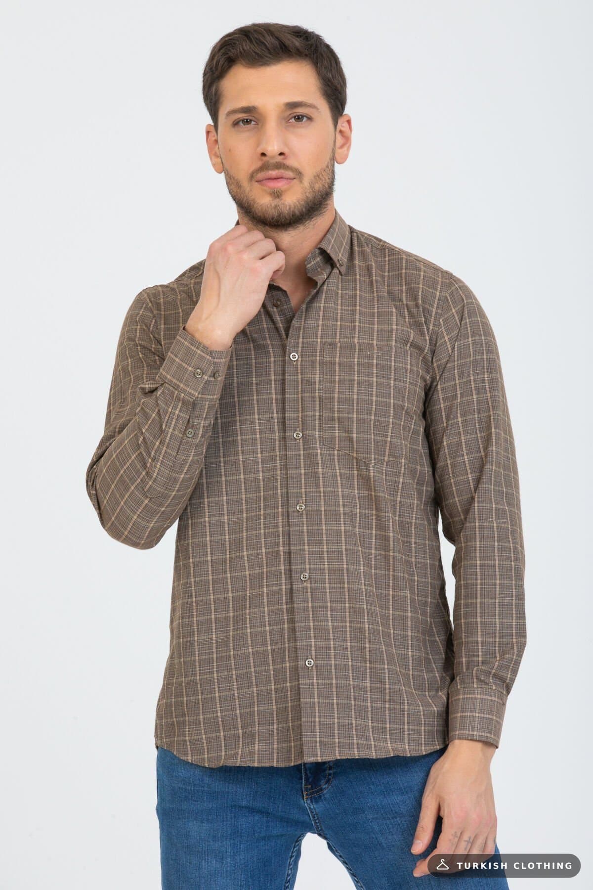 Varetta Men's Cinnamon Color Checked Sleeve Classic Cut Collar Buttoned — Button-Down – wholesale Shirts by Varetta, Turkish