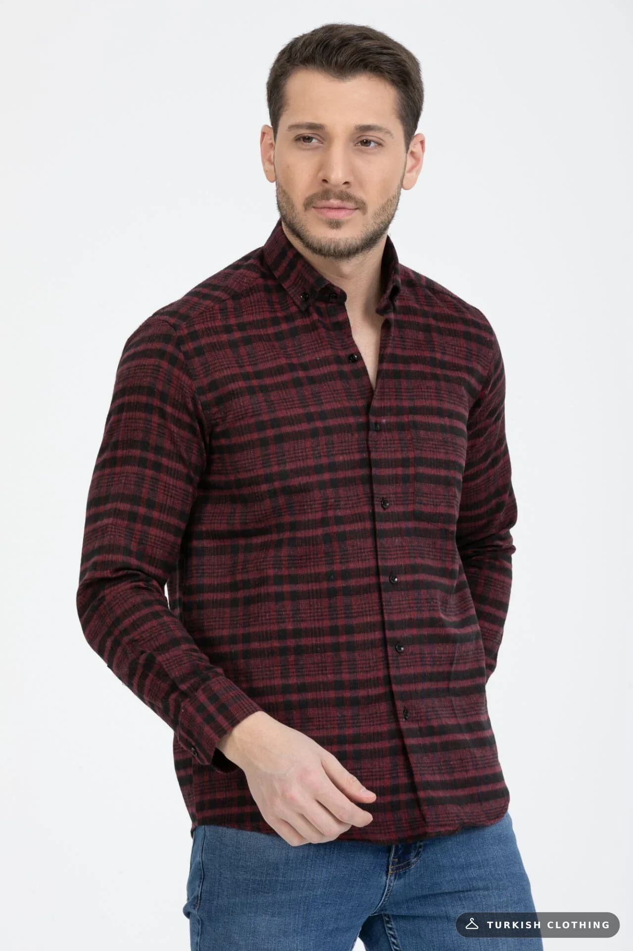 Varetta Men's Claret Red Checked Collar Buttoned Winter Shirt