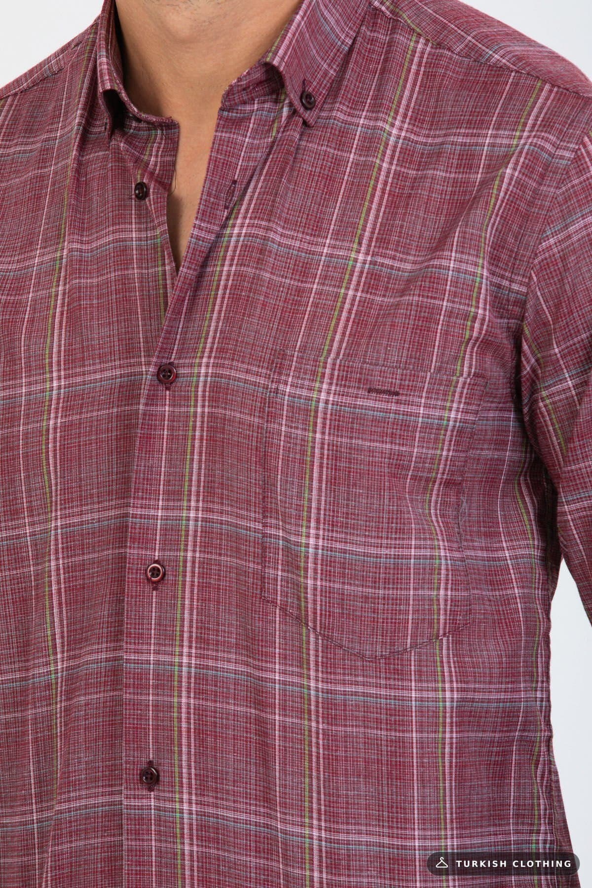 Varetta Men's Claret Red Checked Sleeve Classic Cut Collar Buttoned Shirt – wholesale Shirts by Varetta, Turkish clothing