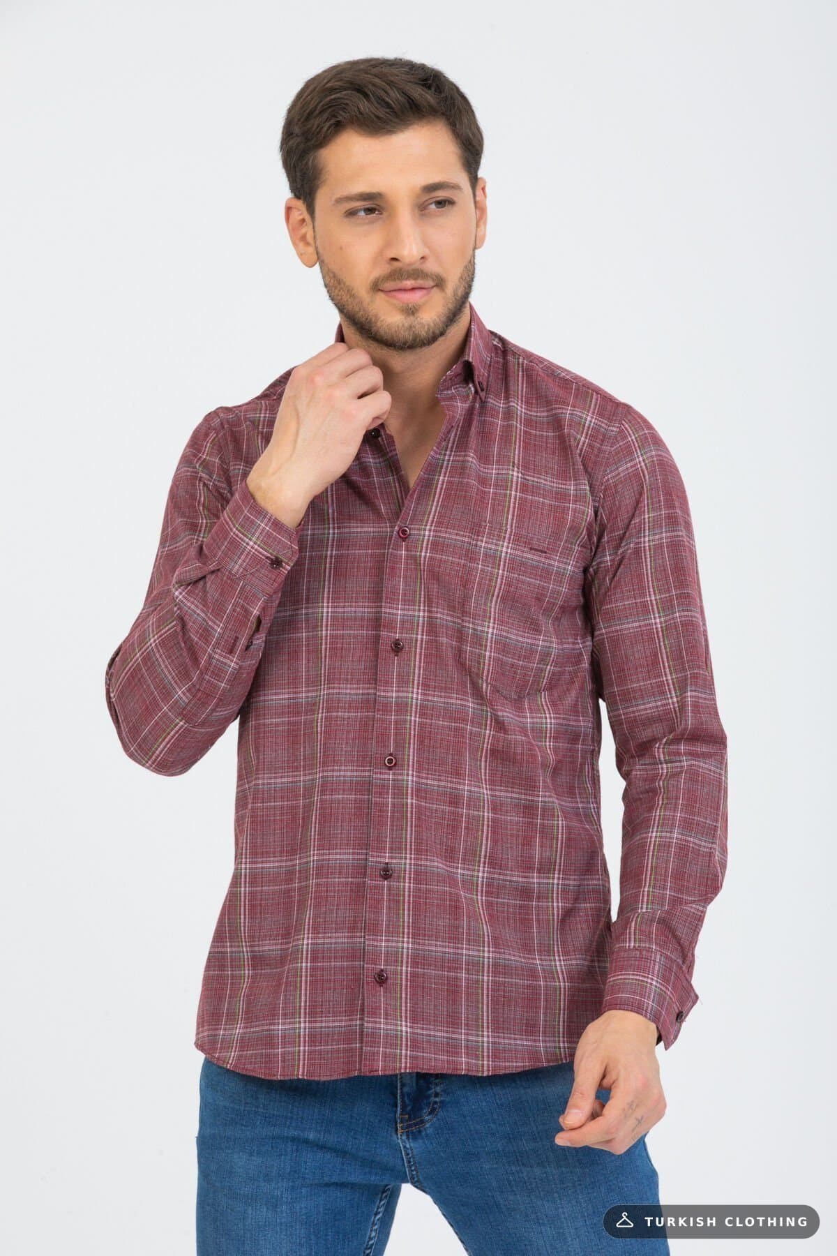 Varetta Men's Claret Red Checked Sleeve Classic Cut Collar Buttoned Shirt — Burgundy – wholesale Shirts by Varetta, Turkish