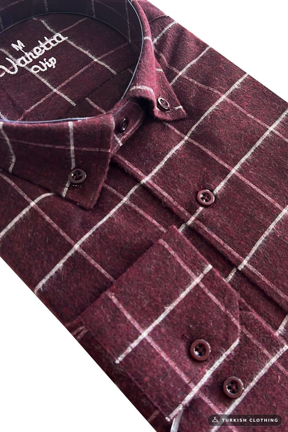 Varetta Men's Claret Red Checkered Classic Cut Collar Buttoned Winter Shirt – wholesale Shirts by Varetta, Turkish clothing
