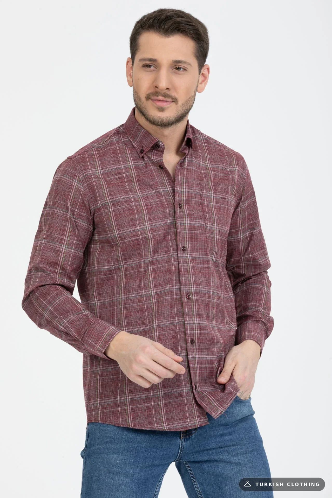 Varetta Men's Claret Red Collar Buttoned Checkered Shirt
