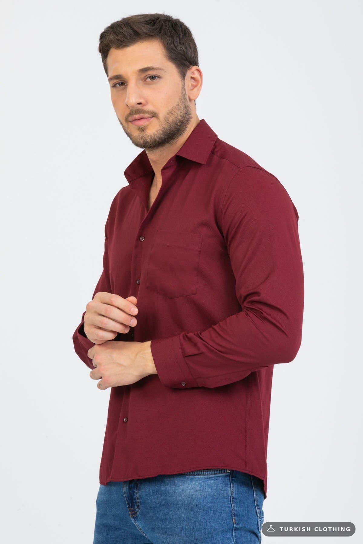 Varetta Men's Claret Red Mini Patterned Sleeve Classic Cut Collar Buttoned — Burgundy – wholesale Shirts by Varetta, Turkish