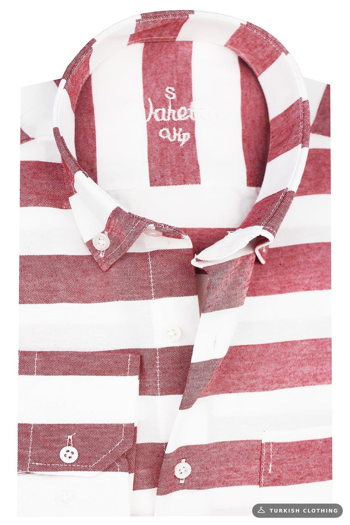 Varetta Men's Claret Red Striped Long Sleeve Classic Cut Shirt White – wholesale Shirts by Varetta, Turkish clothing