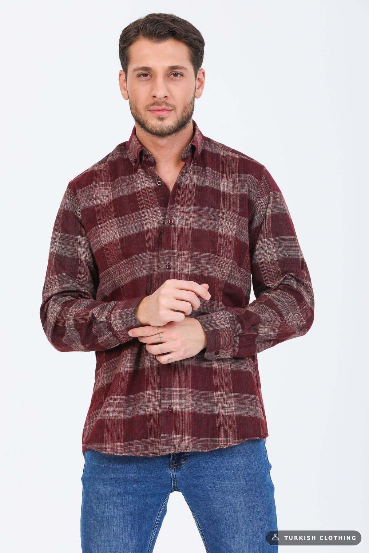 Varetta Men's Claret Red Winter Shirt Buttoned Collar Checkered – wholesale Shirts by Varetta, Turkish clothing manufacturer