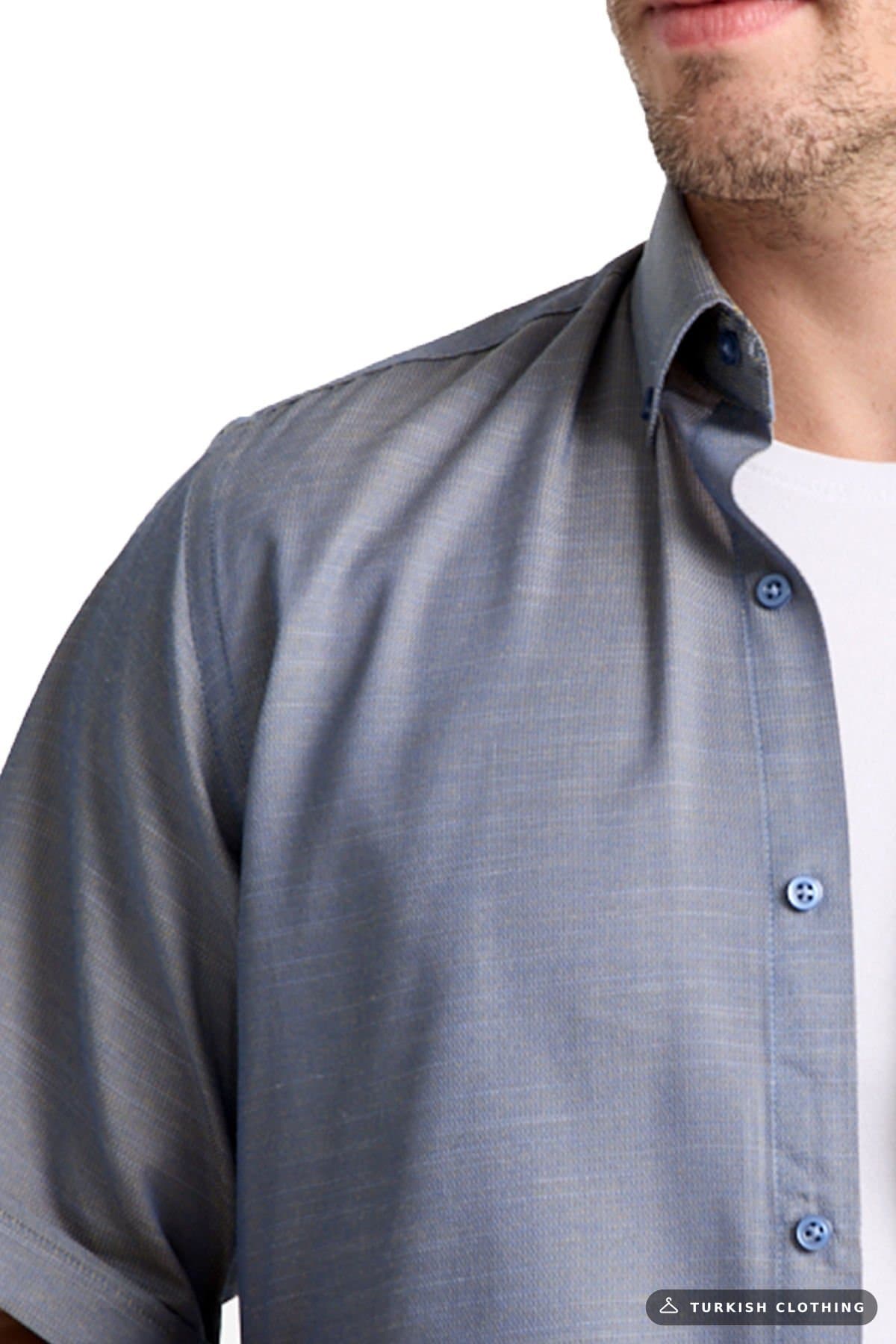 Varetta Men's Copper Reflective Blue Short Sleeve Wide Cut Pocketed Cotton Shirt – wholesale Shirts by Varetta, Turkish
