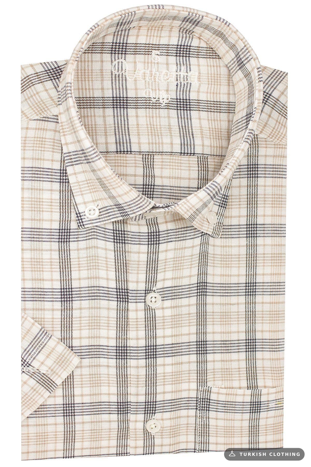 VARETTA Men's Cream Wide Cut Button Collar Checked Short Sleeve Shirt – wholesale Shirts by Varetta, Turkish clothing
