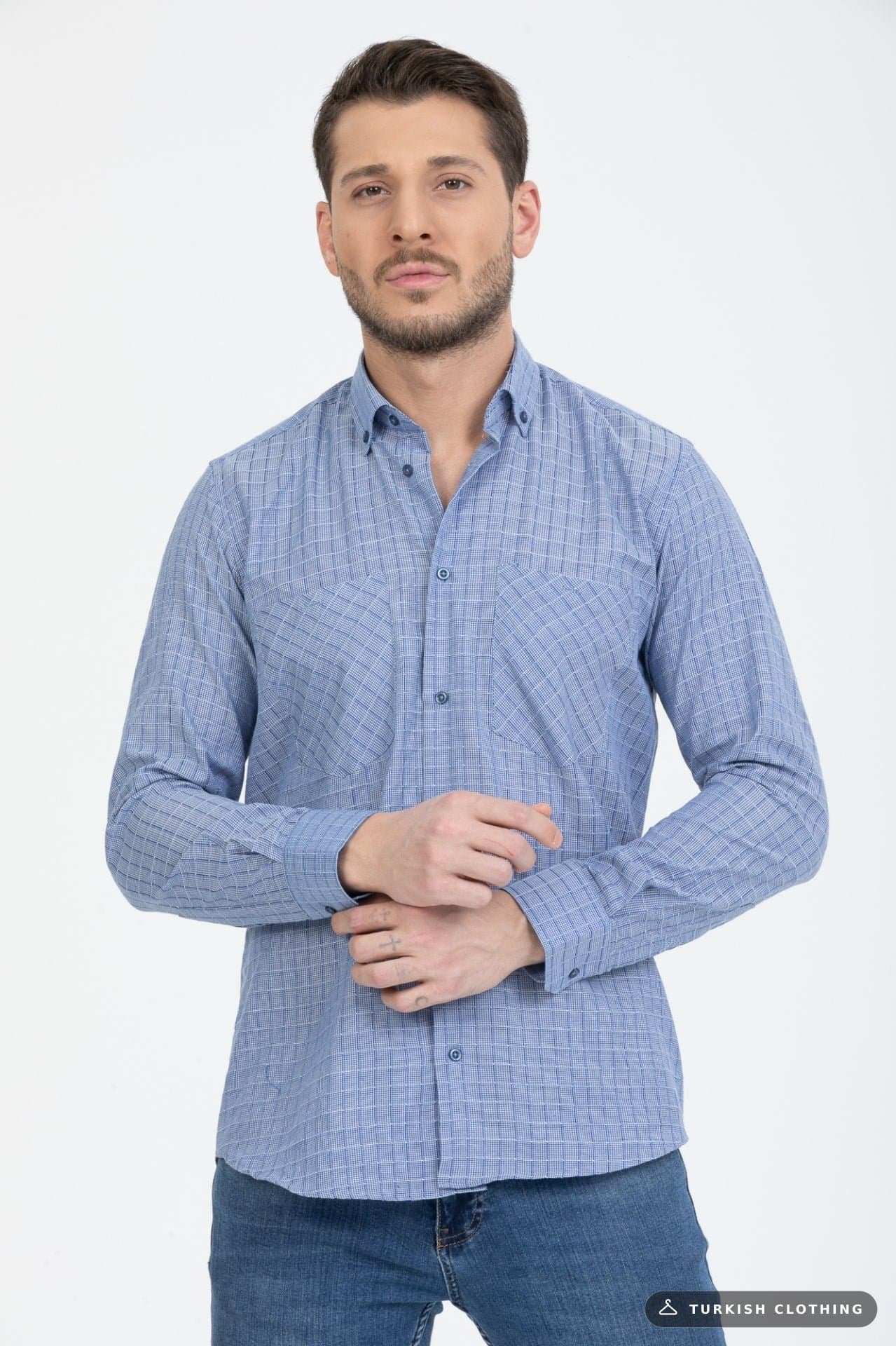 Varetta Men's Dark Blue Collar Buttoned Double Pocket Checkered Shirt