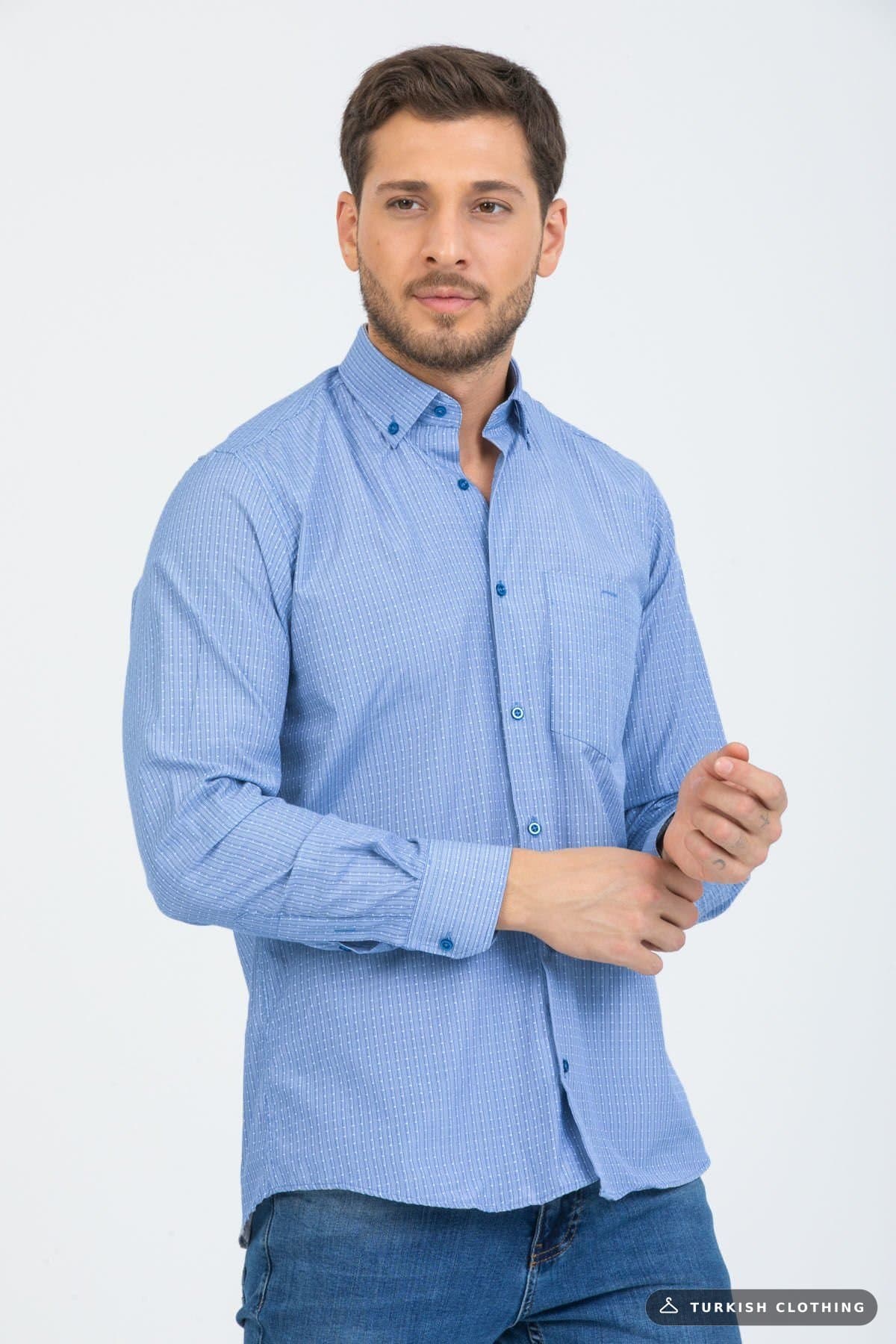 Varetta Men's Dark Blue Striped Sleeve Classic Cut Collar Buttoned — Checked Button-Down – wholesale Shirts by Varetta,