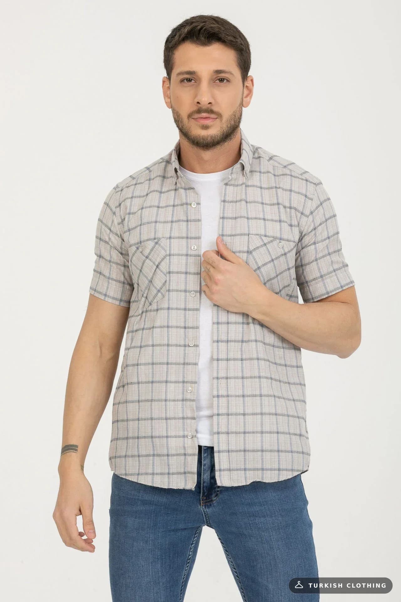 Varetta Men's Ecru Checked Double Pocket Summer Short Sleeve Shirt