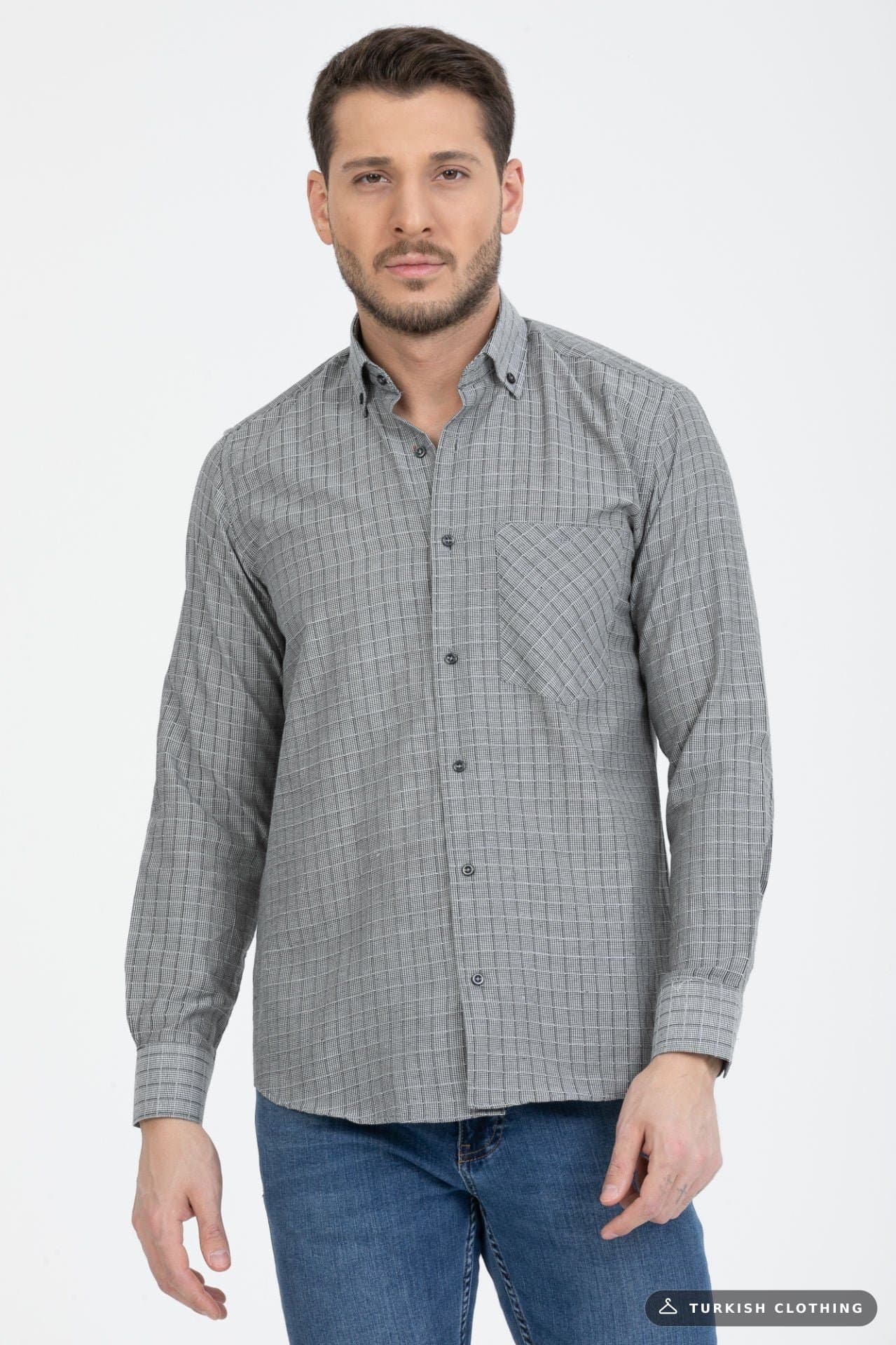 Varetta Men's Gray Checkered Collar Buttoned Shirt
