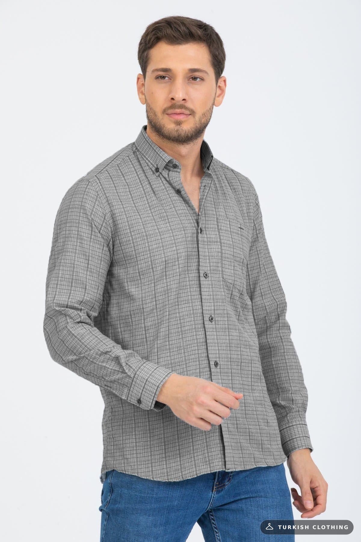 Varetta Men's Gray Checkered Sleeve Classic Cut Collar Buttoned Shirt – wholesale Shirts by Varetta, Turkish clothing