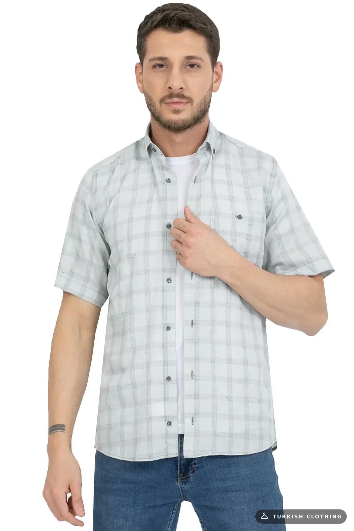 Varetta Men's Gray Cotton Pocketed Summer Short Sleeve Shirt