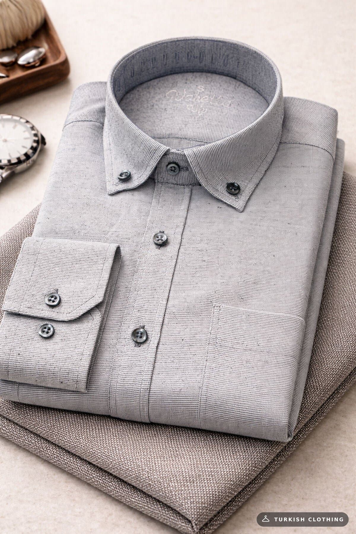 Varetta Men's Gray Long Sleeve Linen Effect Shirt Pocket Cotton – wholesale Shirts by Varetta, Turkish clothing manufacturer