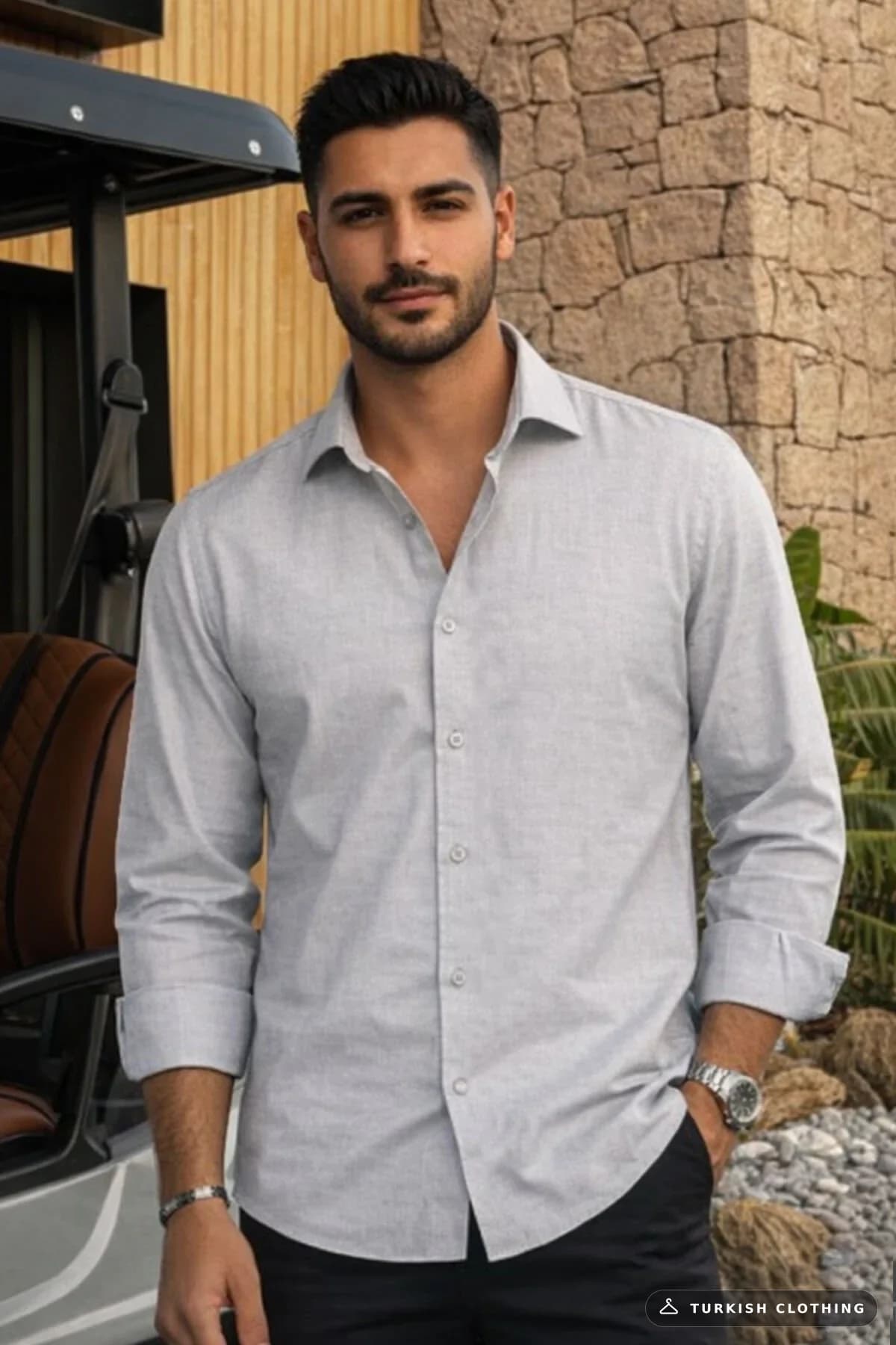 Varetta Men's Gray Plain No Pocket Wide Cut Long Sleeve Shirt