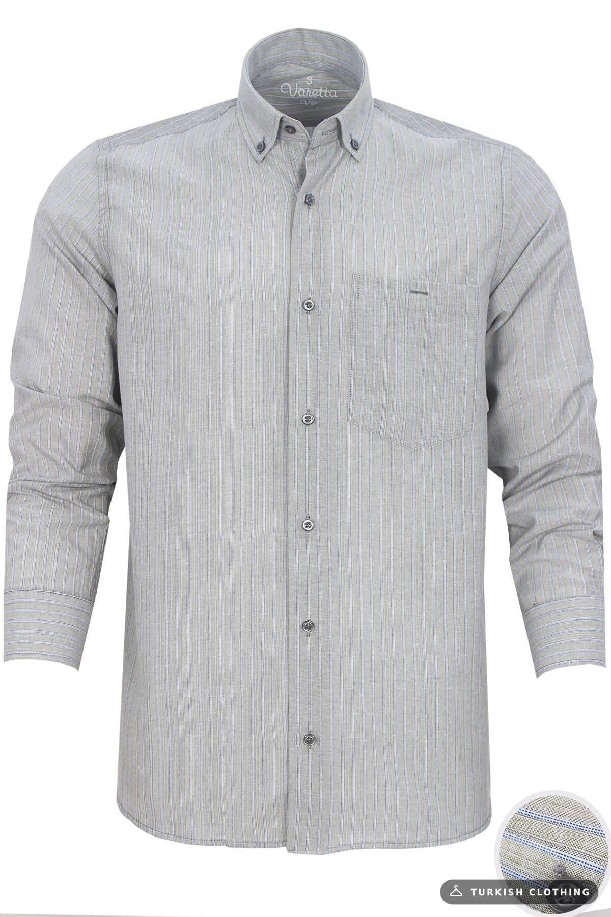 Varetta Men's Gray Striped Long Sleeve Wide Cut Collar Buttoned Shirt – wholesale Shirts by Varetta, Turkish clothing