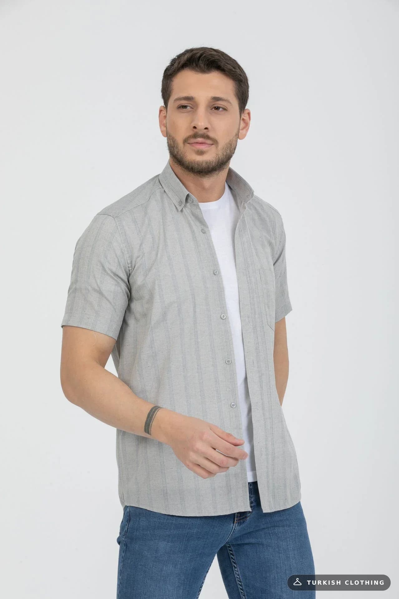 Varetta Men's Gray Striped Pocket Summer Short Sleeve Shirt