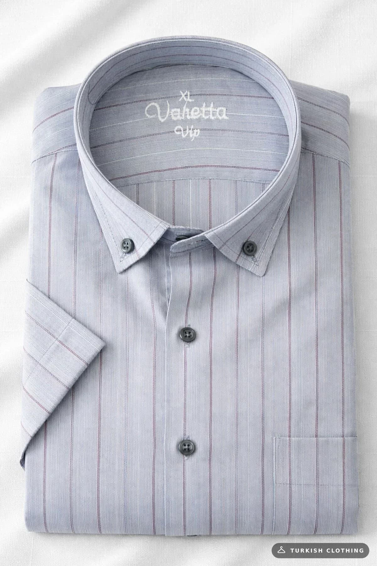 Varetta Men's Grayish Blue Shirt Striped Cotton Pocket Summer Short Sleeve