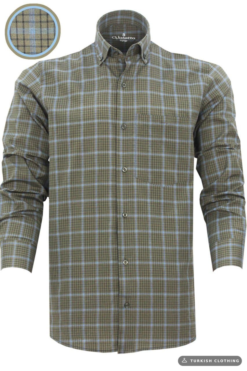 Varetta Men's Green Checked Collar Buttoned Pocket Long Sleeve Shirt — Blue – wholesale Shirts by Varetta, Turkish clothing