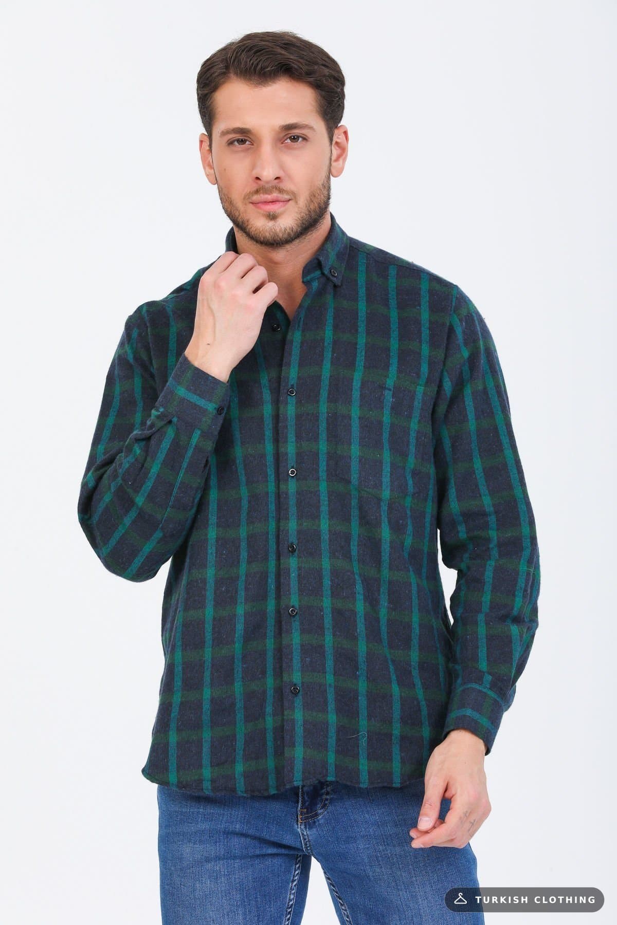 Varetta Men's Green Checkered Classic Cut Collar Buttoned Winter Shirt – wholesale Shirts by Varetta, Turkish clothing