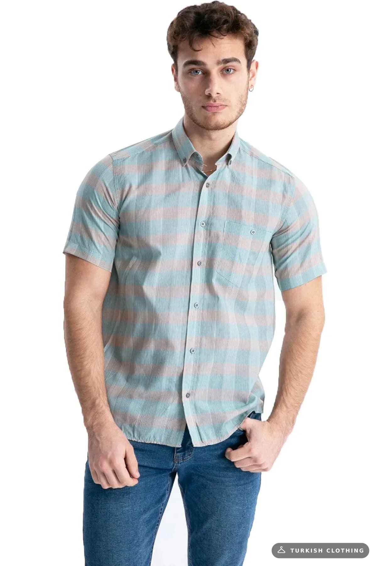 Varetta Men's Green Cotton Pocket Summer Short Sleeve Shirt