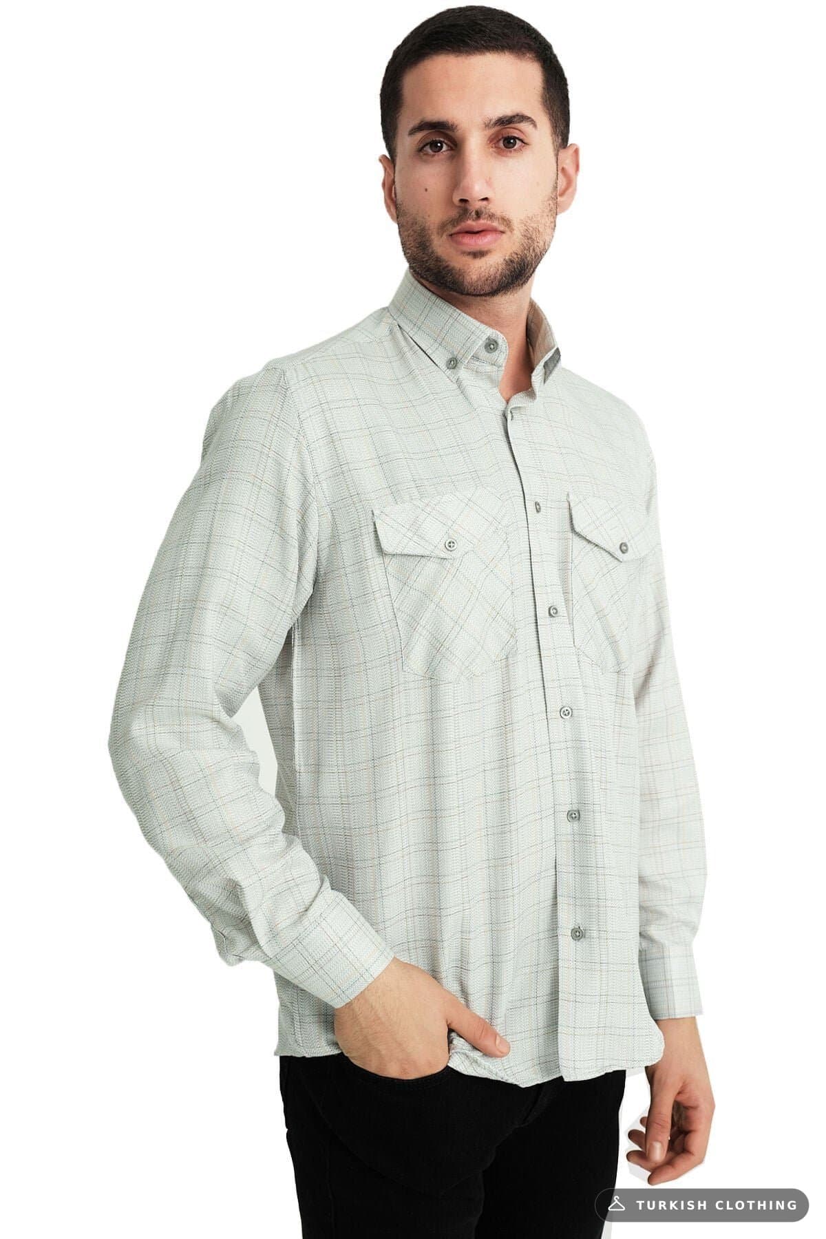 Varetta Men's Green Flap Double Pocket Long Sleeve Checked Linen Effect Shirt Water — Aqua – wholesale Shirts by Varetta,