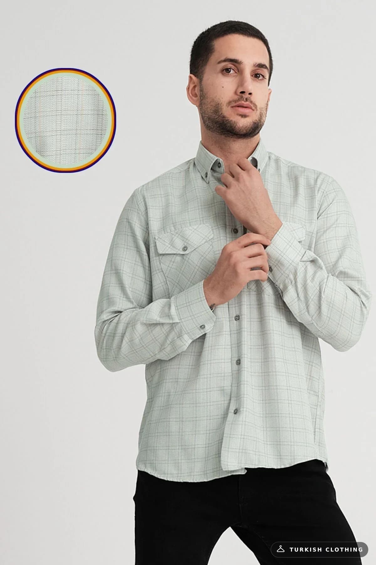 Varetta Men's Green Flap Double Pocket Long Sleeve Checked Linen Effect Shirt Water — Aqua