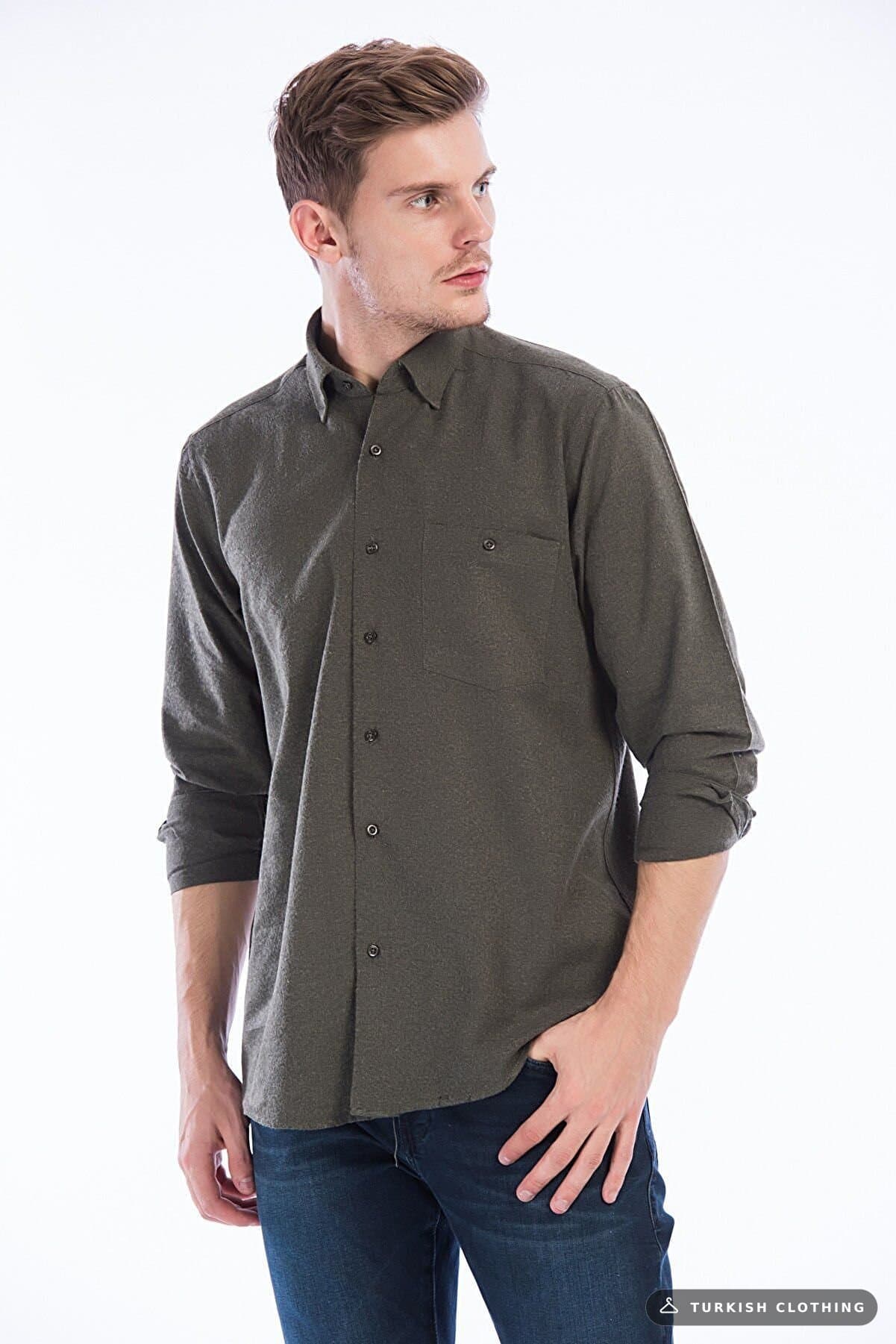 Varetta Men's Green Long Sleeve Single Pocket Solid Color Winter Shirt – wholesale Shirts by Varetta, Turkish clothing